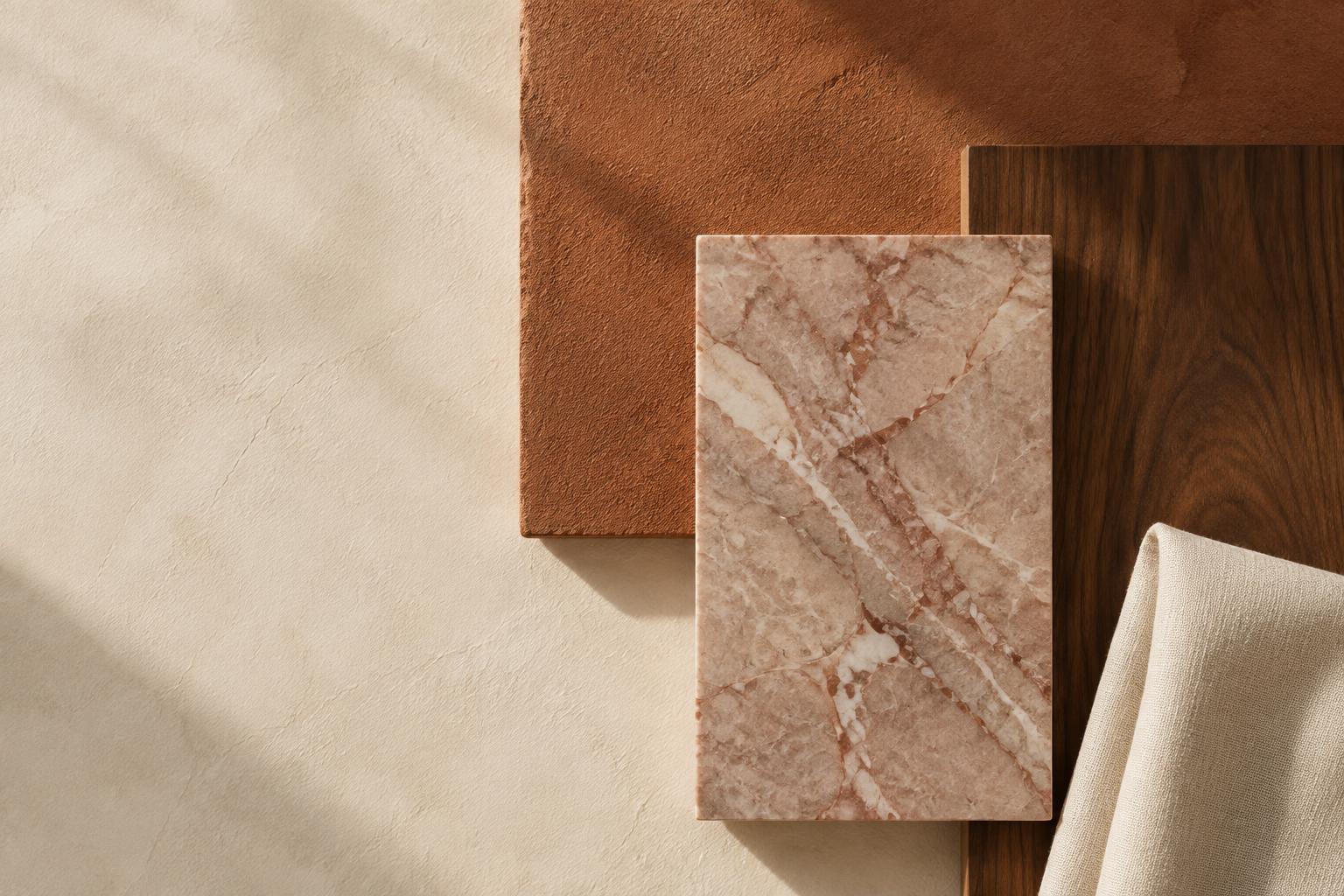 Terracotta plaster, marble, timber and linen. Studio photograph to come.